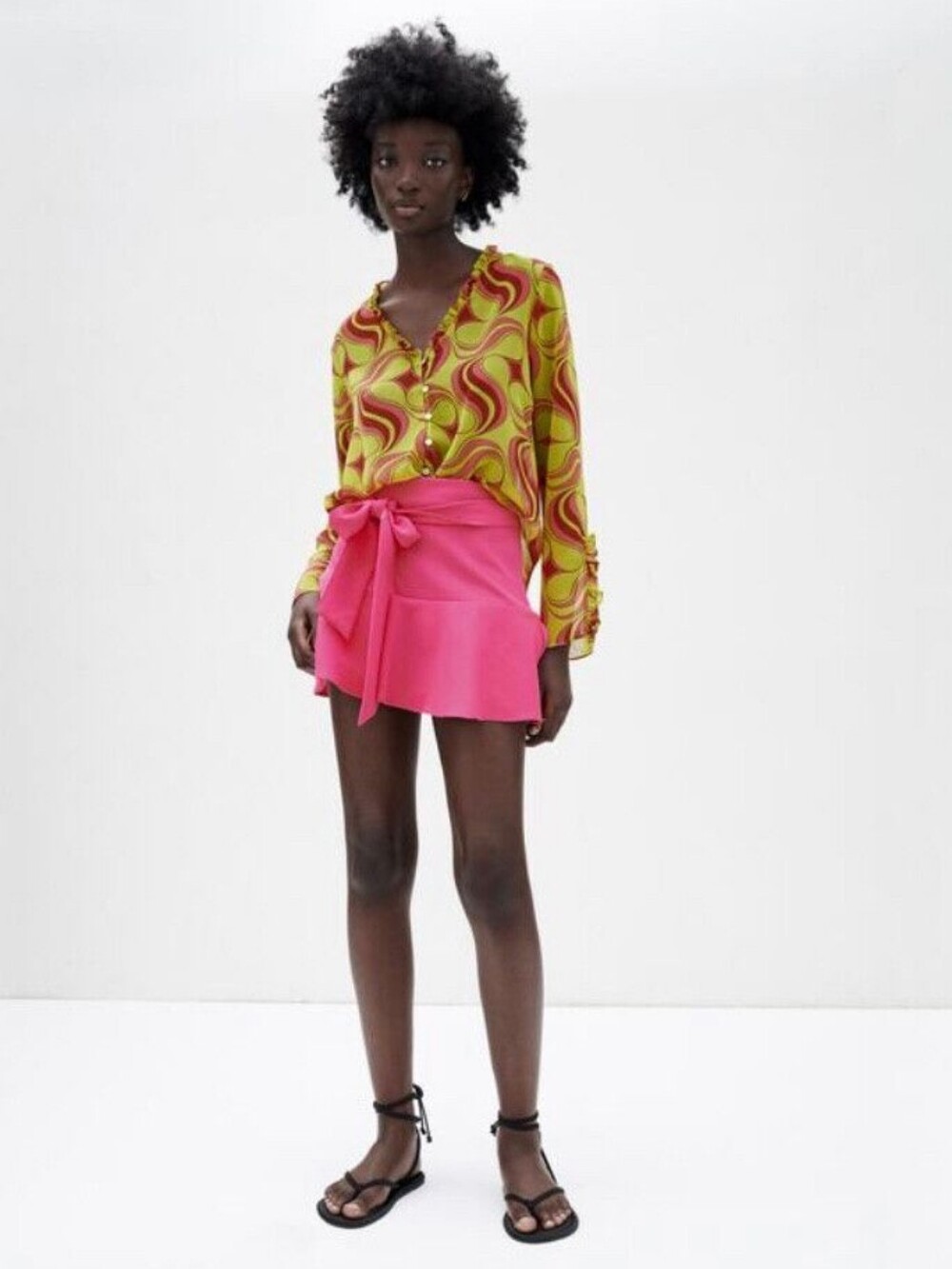 BNWT ZARA Lime Green and Pink Swirl Ruffle V-Neck Top